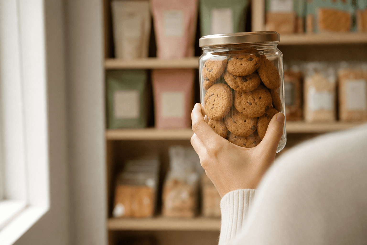 Une main tient un pot de biscuits devant une tablette d'épicerie.